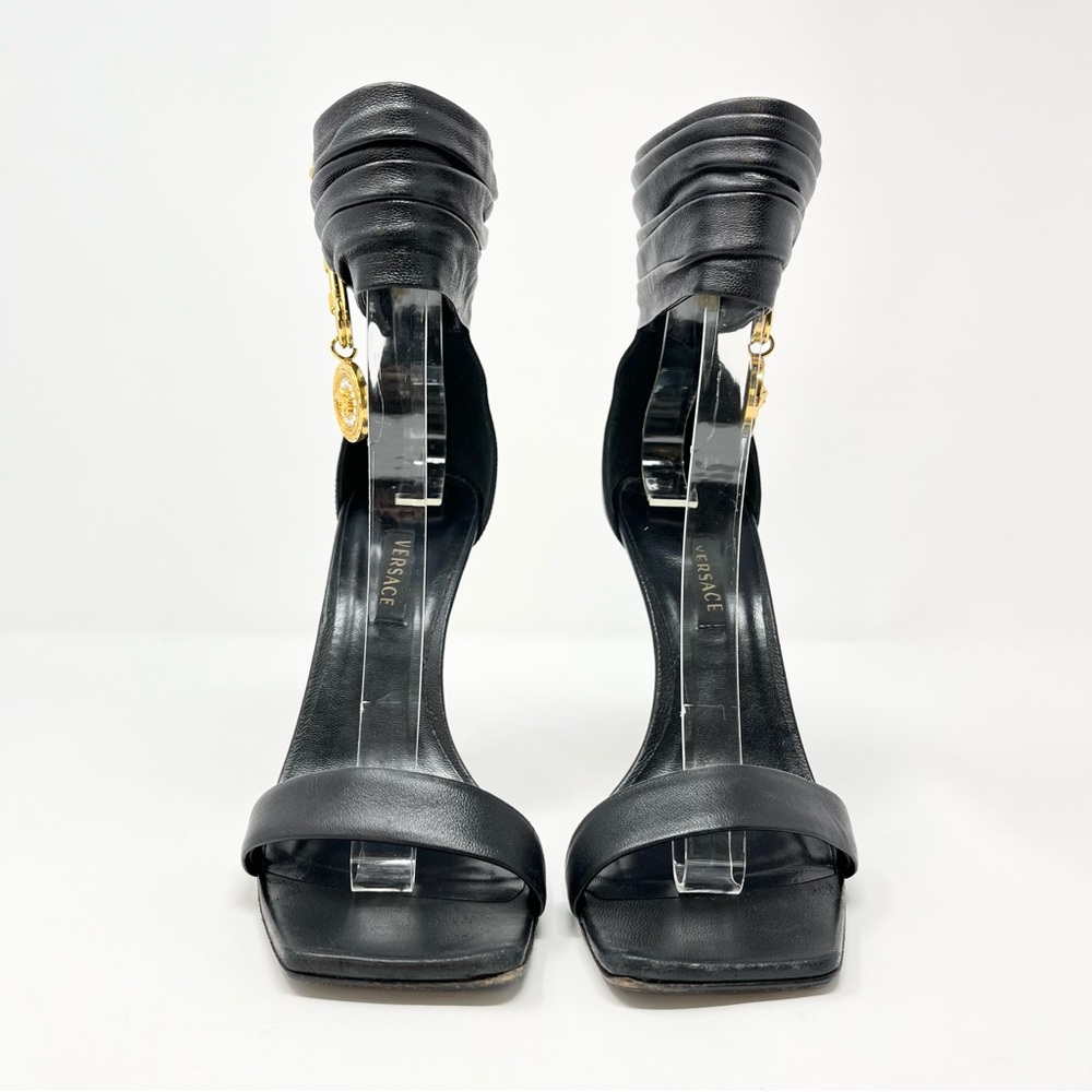 Versace Crystal La Medusa Safety Pin Sandals High Heels Shoes Black Gold 37 7 - Picture 2 of 10